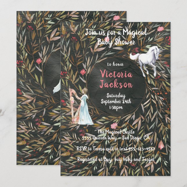 Invitación para baby shower con acuarela, doncella (Anverso / Reverso)