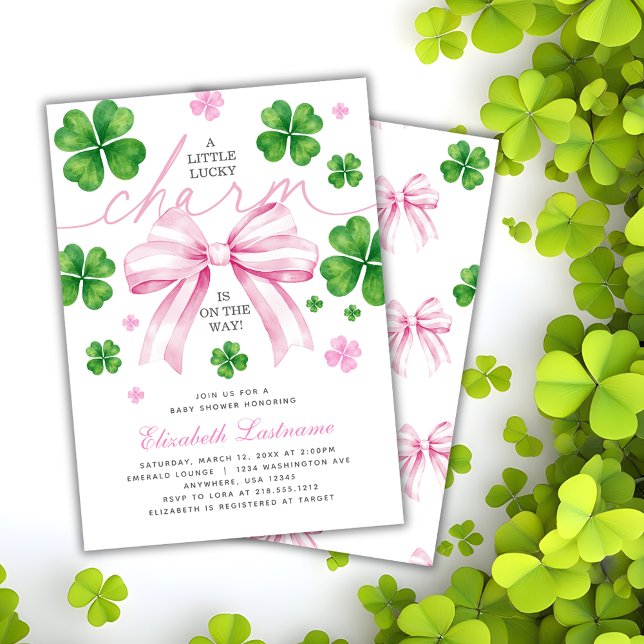 Invitación para Baby Shower con Amuleto de la Suer (Pink Bow Lucky Charm Baby Shower Invitation)
