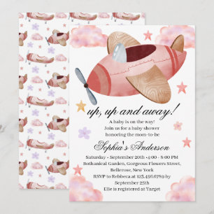 Invitación para baby shower con avión de acuarela 