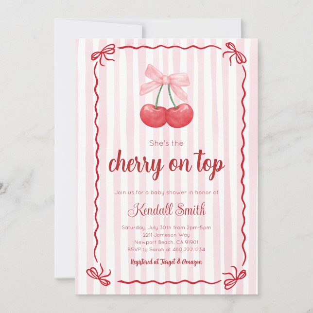 Invitación para baby shower con cereza encima (Anverso)