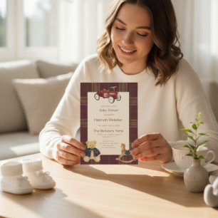 Invitación para baby shower con coche de juguete y