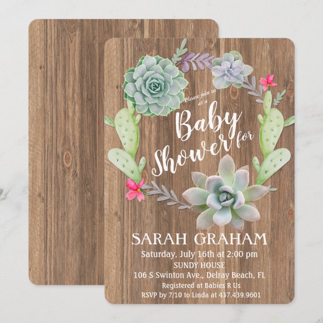 Invitación para Baby Shower con Corona de Cactus S (Anverso / Reverso)