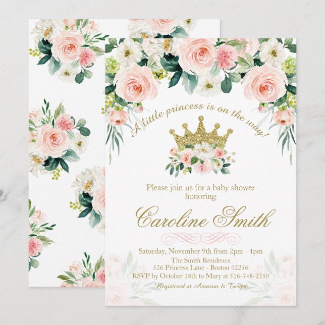Invitación para baby shower con corona de princesa (Anverso / Reverso)