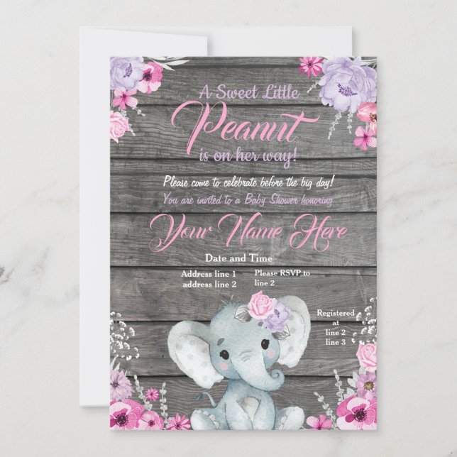 Invitación para baby shower con elefante y detalle (Anverso)