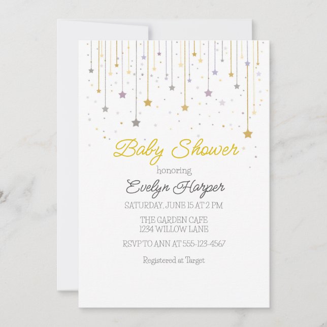 Invitación para Baby Shower con estrellas brillant (Anverso)