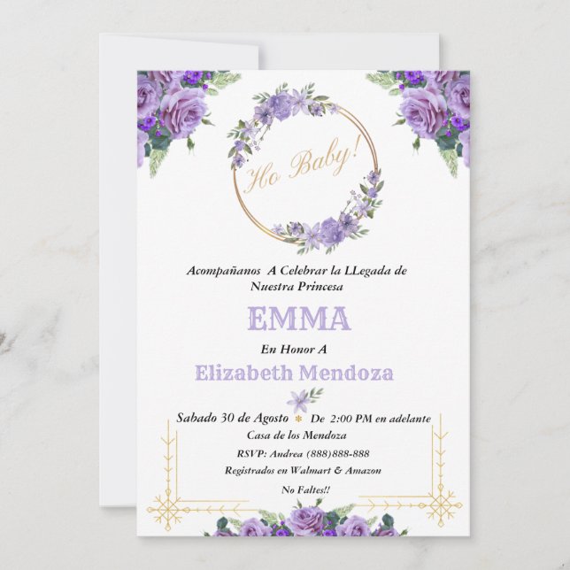invitacion para Baby Shower con Flores purpura (Anverso)