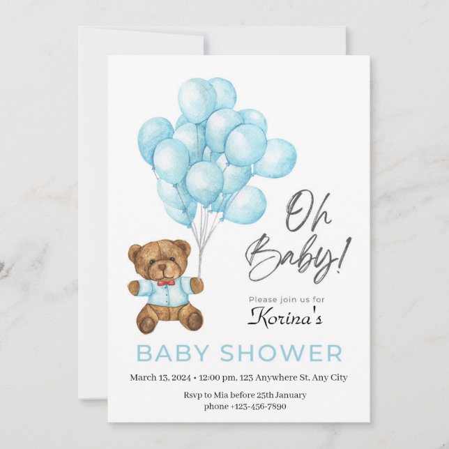 Invitación para Baby Shower con Globos y Osito de  (Anverso)