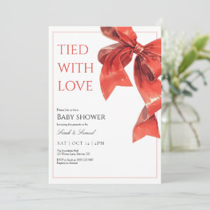 Invitación para baby shower con lazo rojo atada co