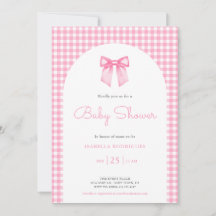Invitación para Baby Shower con lazo rosa y cuadro