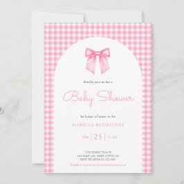 Invitación para Baby Shower con lazo rosa y cuadro