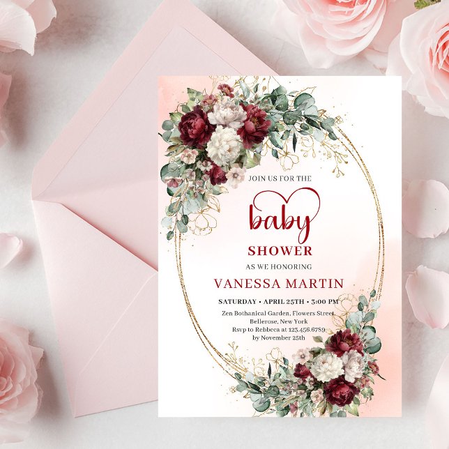 Invitación para baby shower con marco dorado y bur (Modern Burgundy Gold Frame Baby Shower Invitation

)