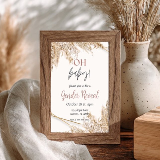 Invitación para Baby Shower con Pasto de Pampas |  (Elegant Boho Gender Reveal Invitation. Features soft pampas grass and gold accents. Shop now!)