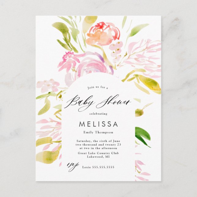 Invitación para Baby Shower con ramo de rosas en a (Anverso)
