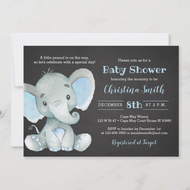 Invitación para baby shower con un elefante (Anverso)