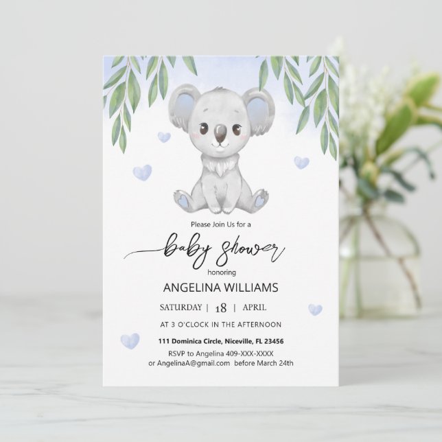 Invitación para baby shower con un koala adorable. (Anverso de pie)