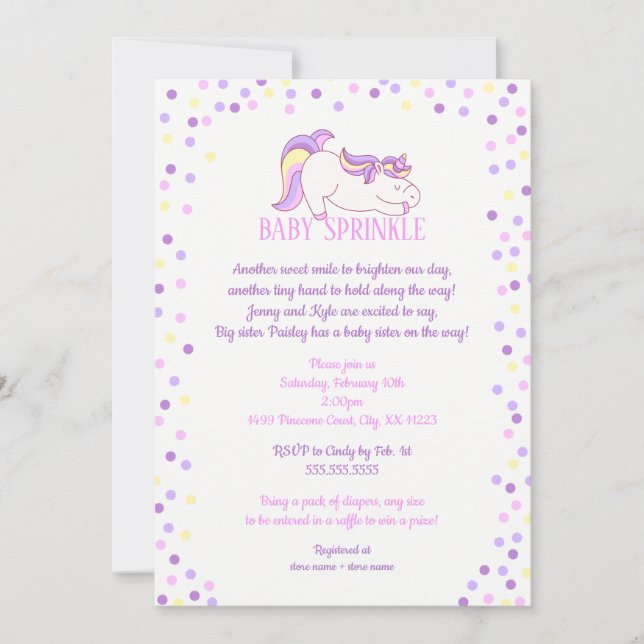 Invitación para baby shower con unicornio. Rosa y  (Anverso)