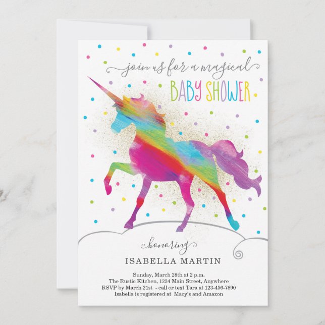 Invitación para baby shower con unicornio y arcoír (Anverso)