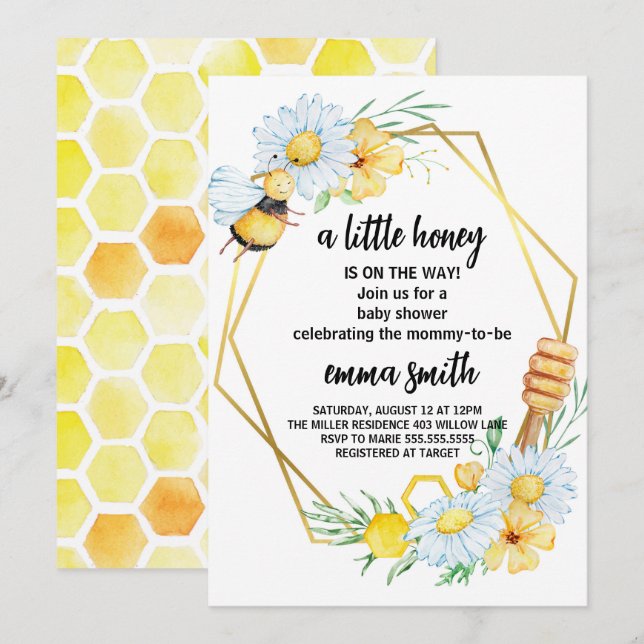 Invitación para baby shower de Abeja de Miel Peque (Anverso / Reverso)