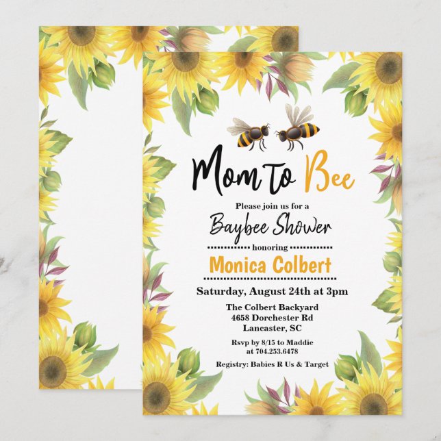 Invitación para Baby Shower de Abeja Girasol (Anverso / Reverso)