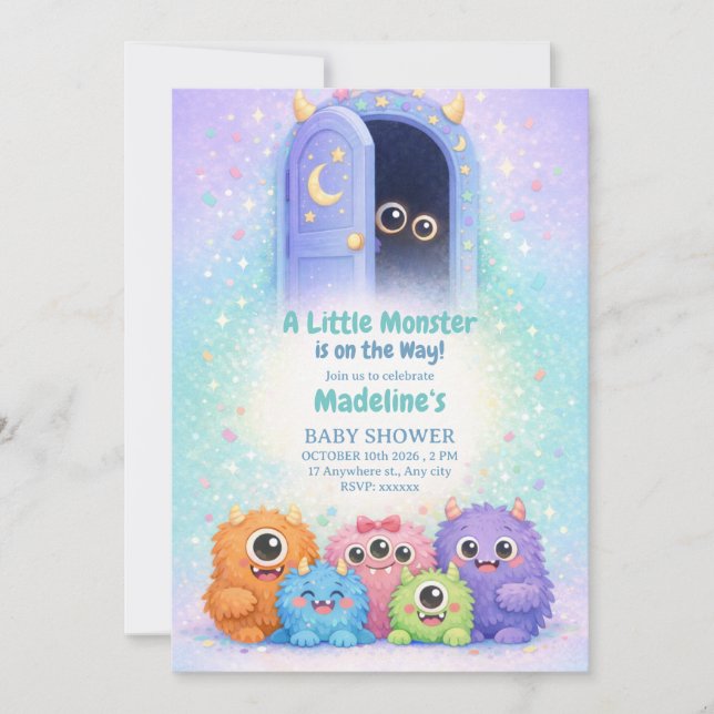 Invitación para Baby Shower de Adorable Monstruito (Anverso)