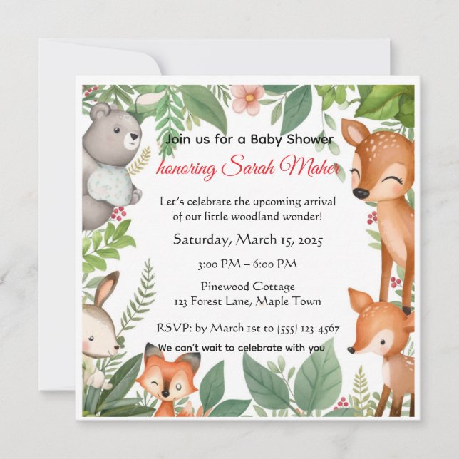 Invitación para baby shower de adorables animales  (Anverso)