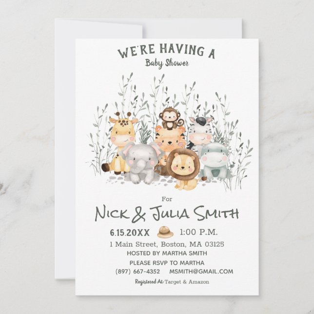 Invitación para baby shower de animales de safari (Anverso)