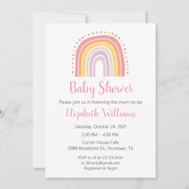 Invitación para baby shower de arcoíris Es una niñ (Anverso)