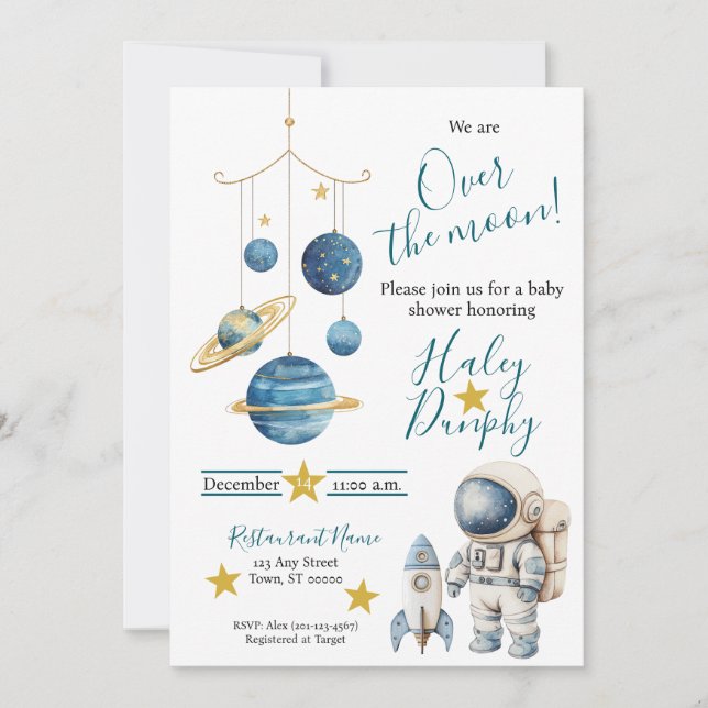 Invitación para Baby Shower de Astronauta Pequeño (Anverso)