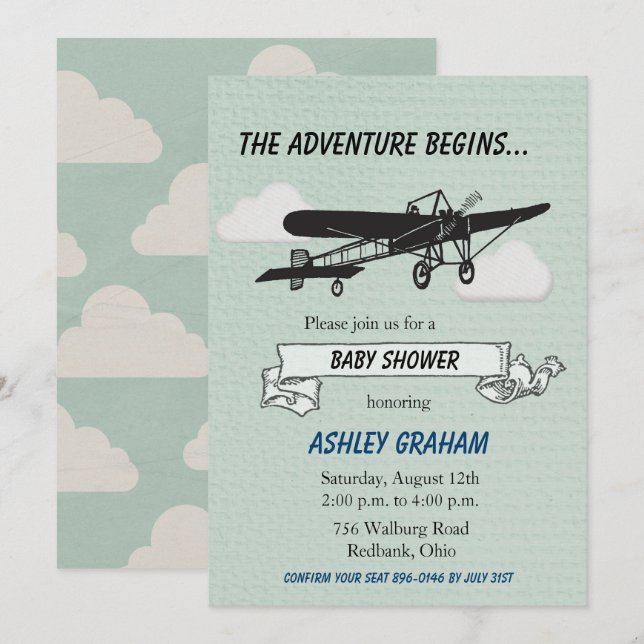 Invitación para Baby Shower de Avión (Anverso / Reverso)