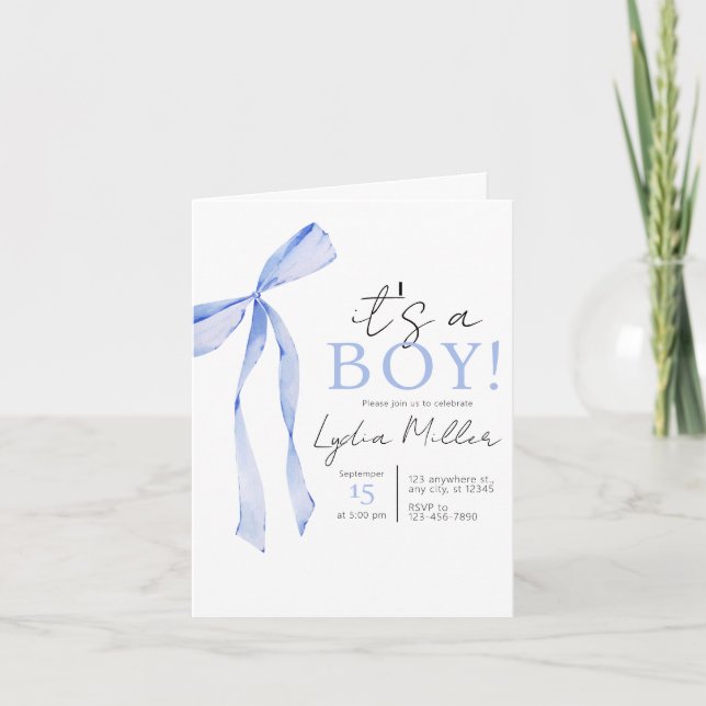 Invitación para baby shower de bebé niño con lazo  (Anverso)