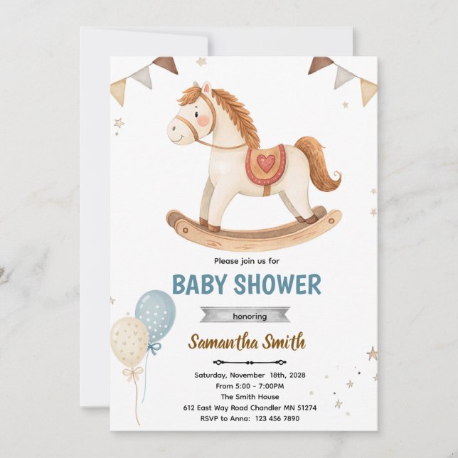 Invitación para baby shower de caballo mecedor (Anverso)