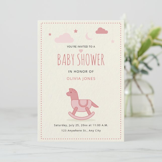 Invitación para baby shower de caballo mecedor, ba (Anverso de pie)