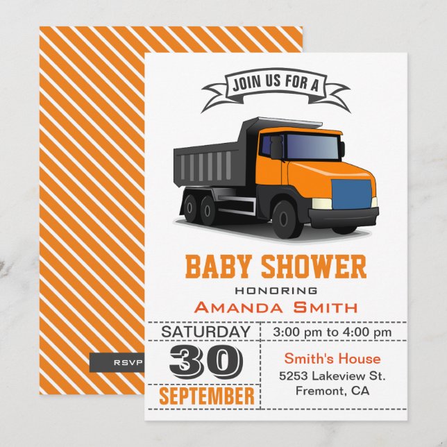 Invitación para baby shower de camión naranja (Anverso / Reverso)