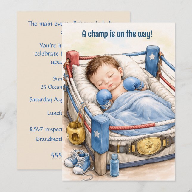 Invitación para Baby Shower de Campeón de Boxeo (Anverso / Reverso)