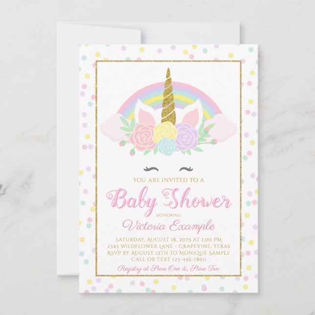 Invitación para Baby Shower de Cara de Unicornio c (Anverso)