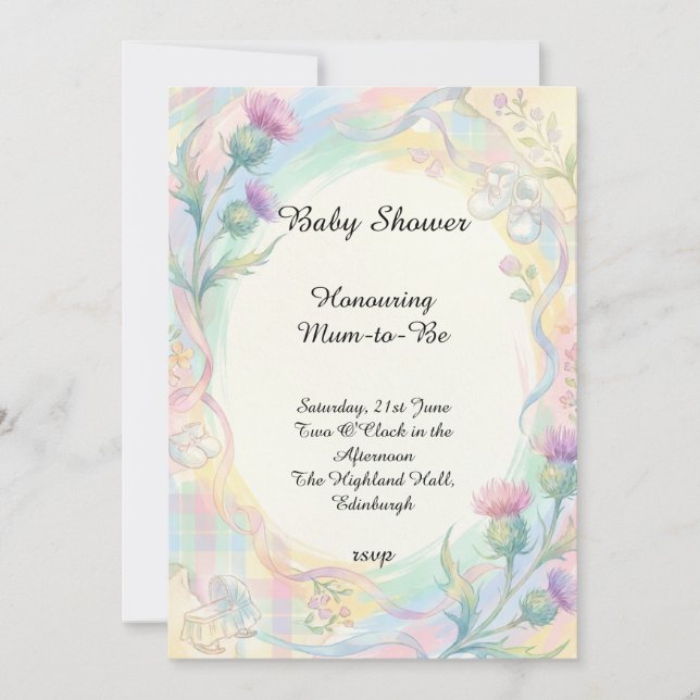 Invitación para baby shower de Cardo Arcoíris (Anverso)