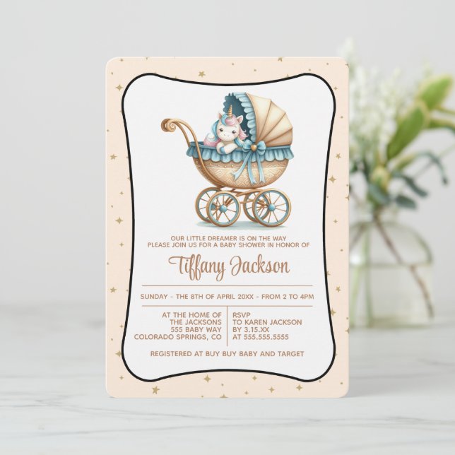 Invitación para baby shower de Carruaje de Unicorn (Anverso de pie)
