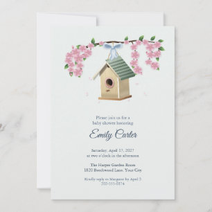 Invitación para baby shower de casita de pájaro de