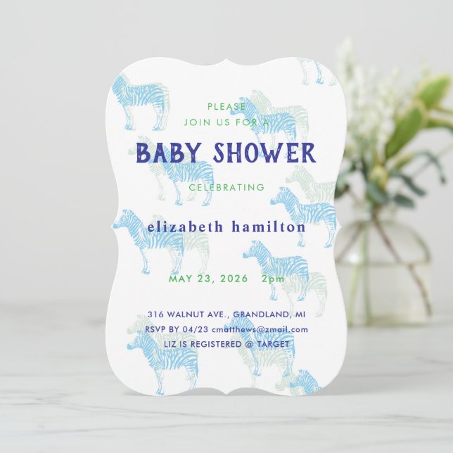 Invitación para baby shower de Cebras Azules (Anverso de pie)