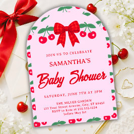 Invitación para baby shower de cereza con lazo de 