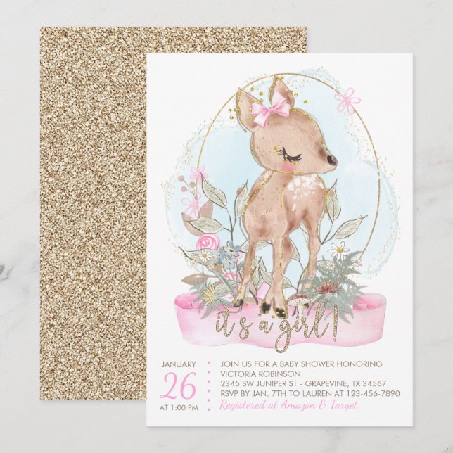 Invitación para baby shower de Ciervo Pequeño Dulc (Anverso / Reverso)