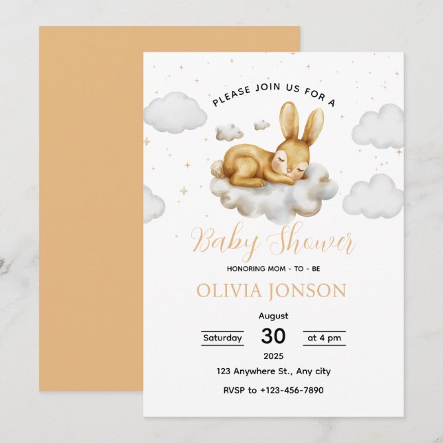 Invitación para baby shower de conejito durmiente (Anverso / Reverso)