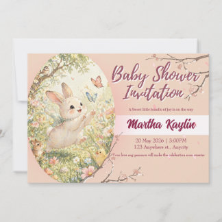 Invitación para baby shower de conejito en acuarel