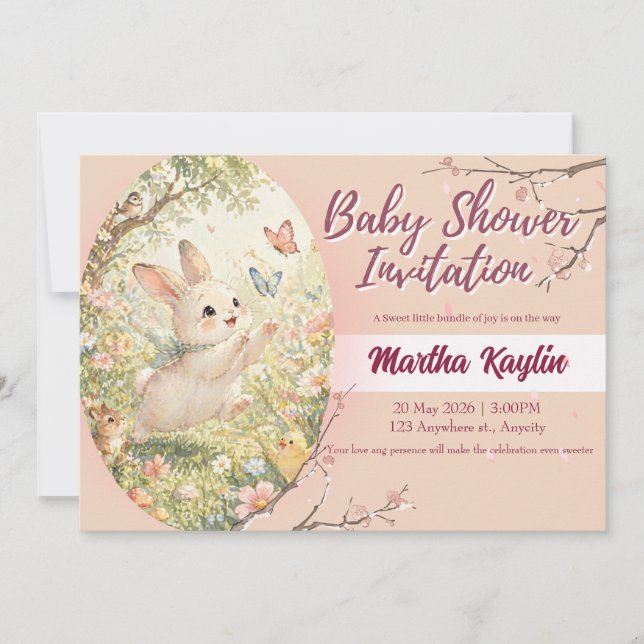 Invitación para baby shower de conejito en acuarel (Anverso)