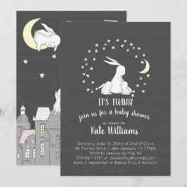 Invitación para baby shower de conejitos gemelos