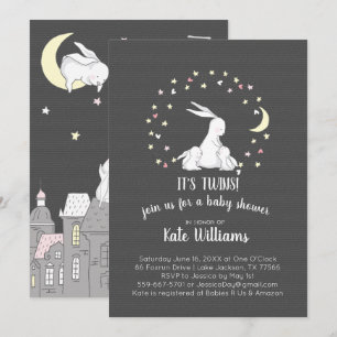 Invitación para baby shower de conejitos gemelos