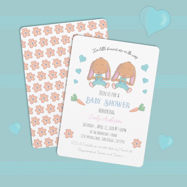 Invitación para baby shower de conejitos gemelos d (Twin boys bunnies spring baby shower .)