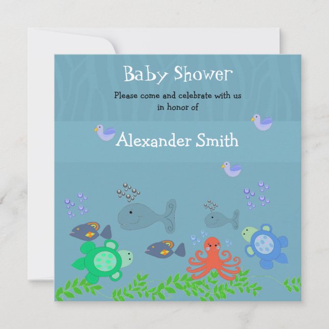 Invitación para baby shower de criaturas marinas (Anverso)