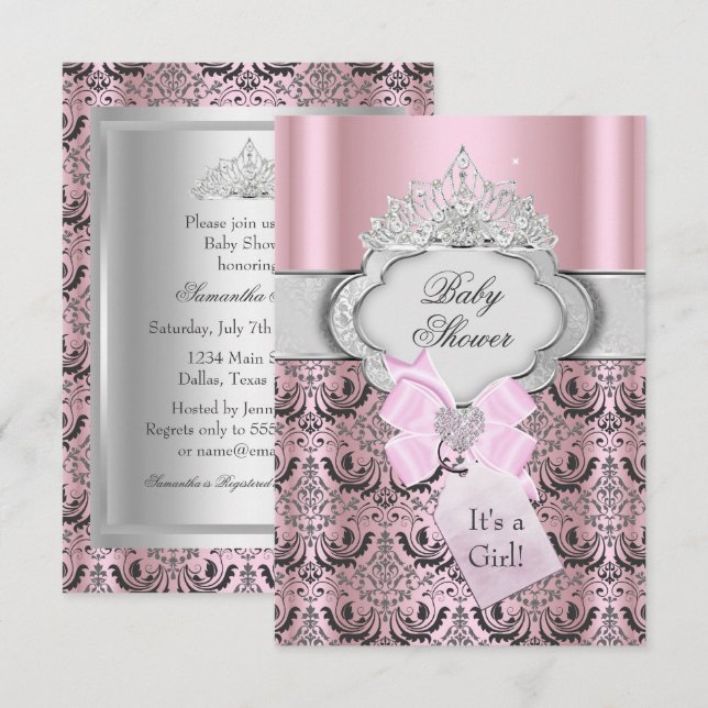 Invitación para baby shower de Damask & Tiara Prin (Anverso / Reverso)