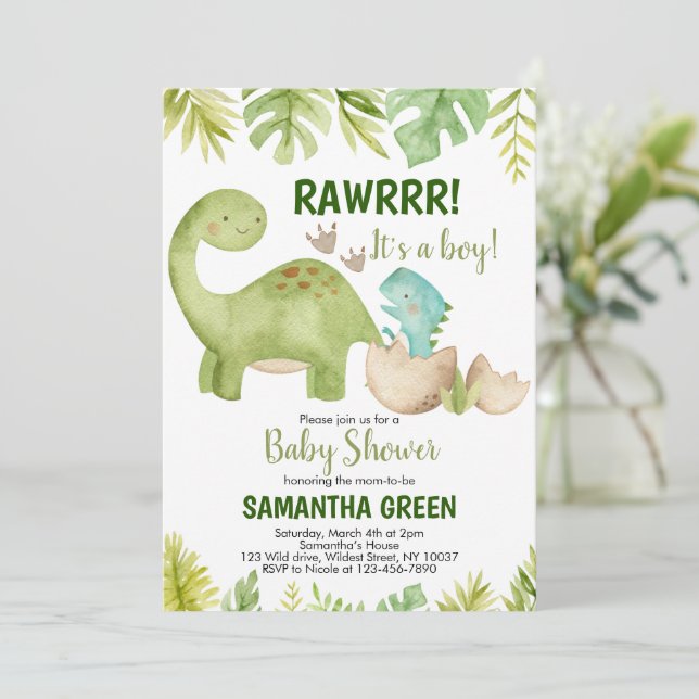 Invitación para Baby Shower de Dinosaurio (Anverso de pie)